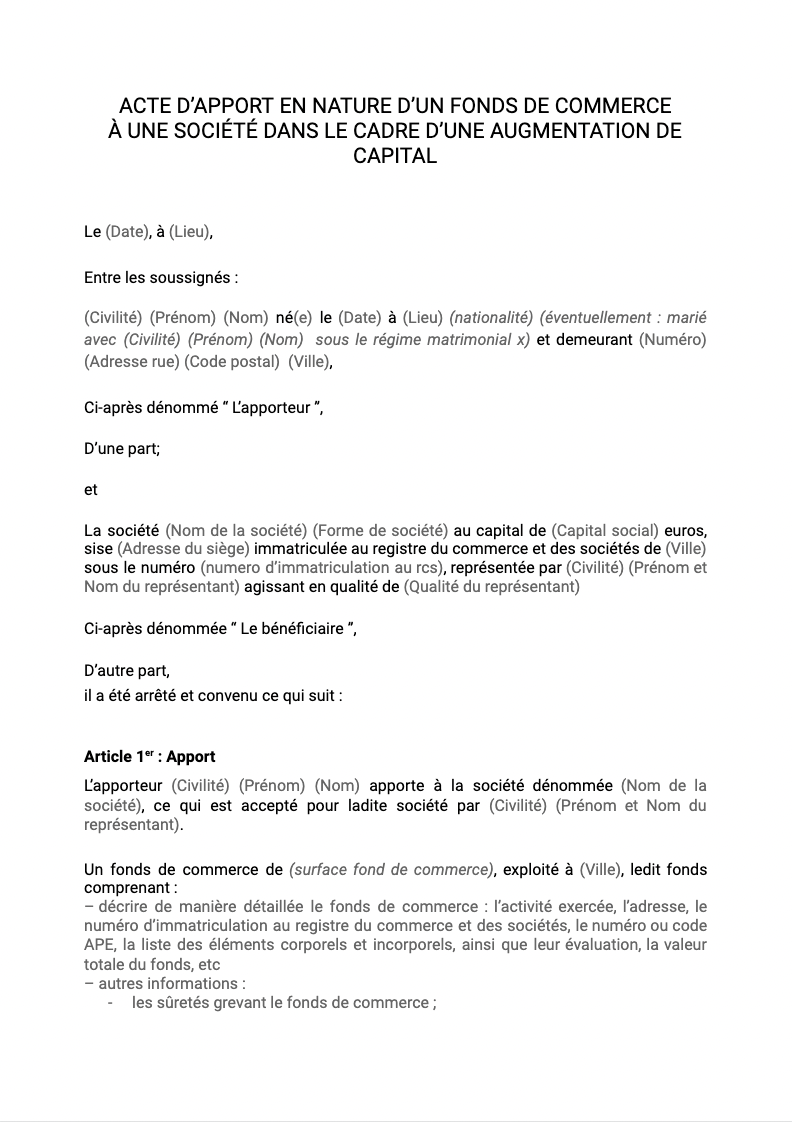 Possede Des Fonds De Commerce Mots Croises Acte d’apport en nature d’un fonds de commerce à une société dans le